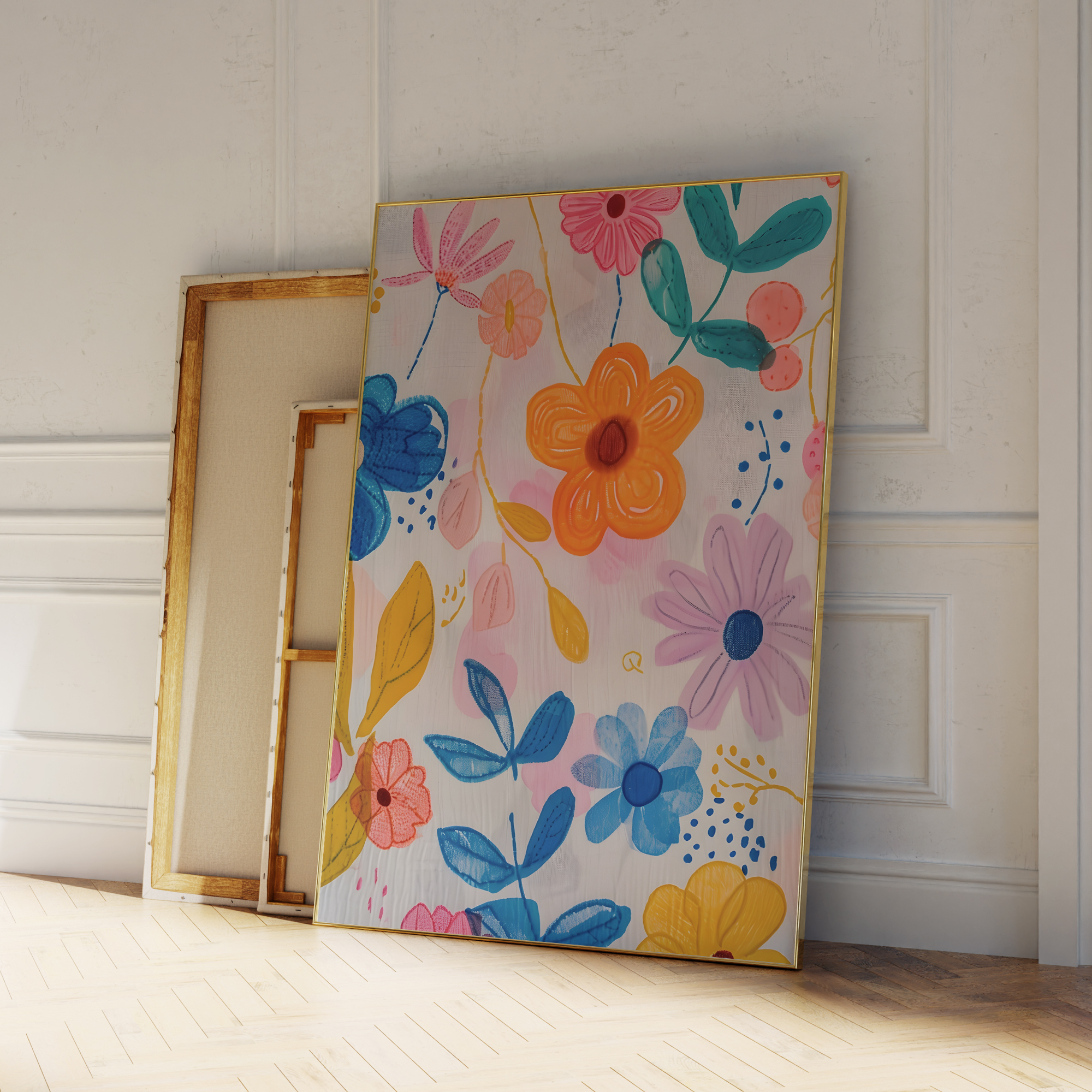 Geometric Wall Art - Modern Pink Blue And Yellow Flowers