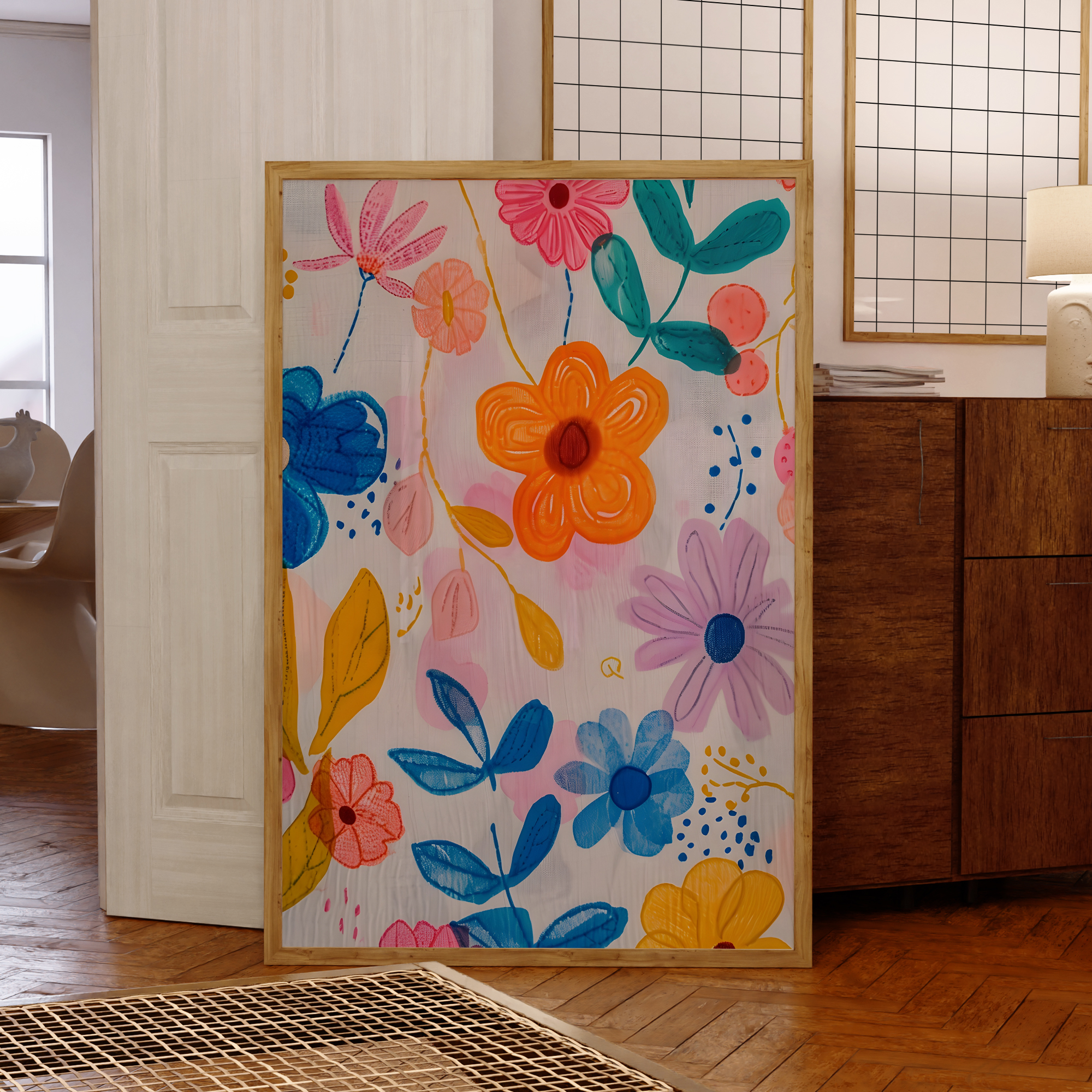 Modern Pink Blue And Yellow Fl - Geometric Wall Art avaliação e preço