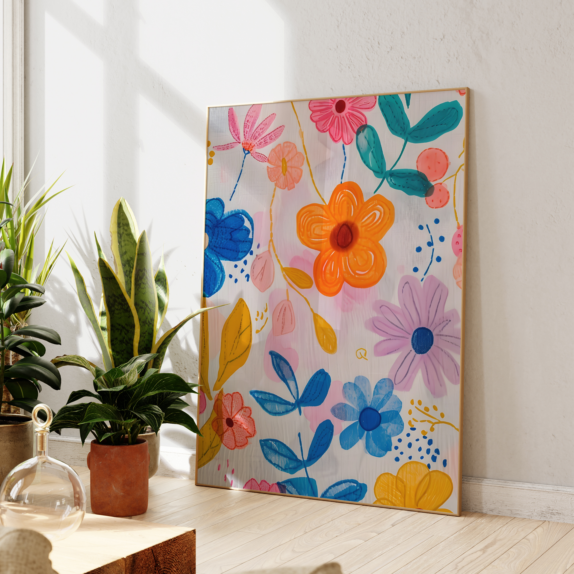 Modern Pink Blue And Yellow Fl - Geometric Wall Art avaliação e preço