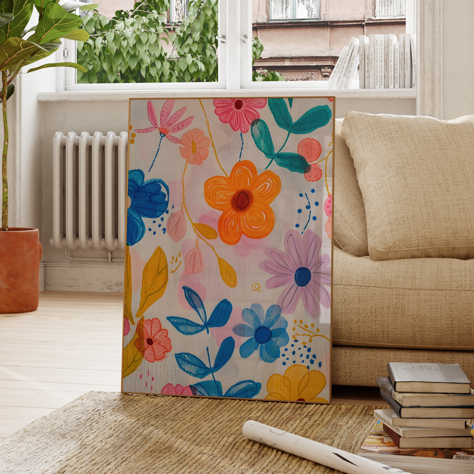 Modern Pink Blue And Yellow Fl - Geometric Wall Art avaliação e preço